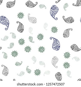 Light Blue, Green vector seamless abstract pattern with leaves and flowers. Sketchy doodles on white background. Design for textile, fabric, wallpapers.