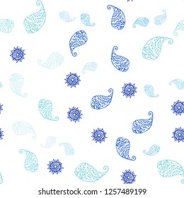 Light Blue, Green vector seamless doodle pattern with leaves and flowers. Colorful illustration in doodle style with leaves, flowers. Template for business cards, websites.