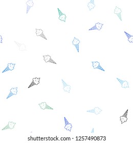 Light Blue, Green vector seamless cover with sundae ice-cream. Glitter abstract sketch with ice-cream cones. Doodle design for your business advert of cafes.