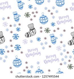 Light Blue, Green vector seamless background with xmas snowflakes, balls, socks, mittens. Colorful illustration with xmas symbols. Template for business cards, websites.