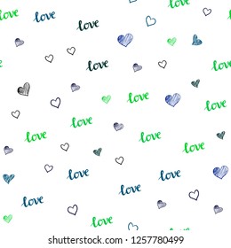 Light Blue, Green vector seamless template with text LOVE YOU, hearts. Illustration with phrase LOVE YOU, hearts for valentine's day. Design for wallpaper, fabric makers.