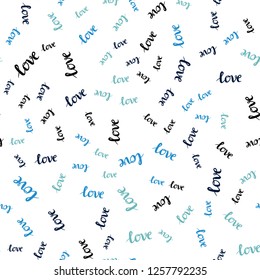 Light Blue, Green vector seamless texture with words LOVE YOU. Decorative illustration with words of love in abstract style. Template for business cards, websites.