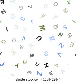 Light Blue, Green vector seamless background with signs of alphabet. Blurred design in simple style with signs of alphabet. Texture for window blinds, curtains.