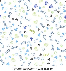 Light Blue, Green vector seamless texture with words LOVE YOU, hearts. Colorful gradient phrase LOVE YOU, hearts in abstract style. Pattern for design of fabric, wallpapers.