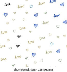 Light Blue, Green vector seamless pattern with phrase LOVE YOU, hearts. Romantic illustration with colorful phrase LOVE YOU, hearts. Pattern for trendy fabric, wallpapers.