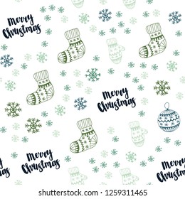 Light Blue, Green vector seamless template with ice snowflakes, balls, socks, mittens. Colorful illustration with xmas symbols. Pattern for design of fabric, wallpapers.