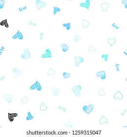 Light Blue, Green vector seamless background with words of love, hearts. Design in doodle style with text LOVE YOU, hearts. Pattern for design of fabric, wallpapers.