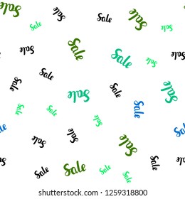 Light Blue, Green vector seamless texture with selling simbols. Illustration with signs of sales on abstract template. Backdrop for super sales on Black Friday.