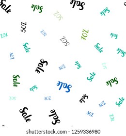 Light Blue, Green vector seamless cover with symbols of 30, 50, 70 % sales. Colored words of sales with gradient on white background. Template for season sales, shopping ads.