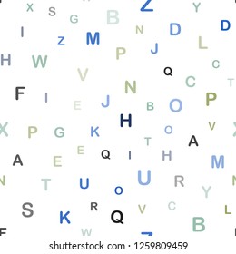 Light Blue, Green vector seamless layout with latin alphabet. Colored alphabet signs with gradient on white background. Design for textile, fabric, wallpapers.