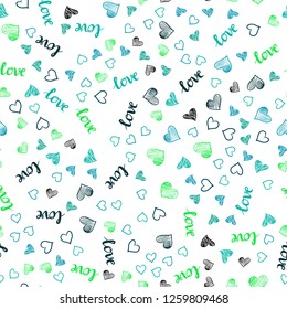Light Blue, Green vector seamless template with text LOVE YOU, hearts. Design in doodle style with text LOVE YOU, hearts. Design for textile, fabric, wallpapers.