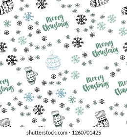 Light Blue, Green vector seamless background with xmas snowflakes, balls, socks, mittens. Shining colorful illustration in christmas style. Design for wallpaper, fabric makers.