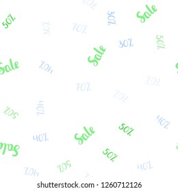 Light Blue, Green vector seamless texture with selling prices 30, 40, 50 %. Abstract illustration with colorful gradient symbols of sales. Design for business ads, commercials.