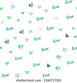 Light Blue, Green vector seamless texture with words LOVE YOU, hearts. Illustration with words of love, hearts in abstract style. Design for wallpaper, fabric makers.