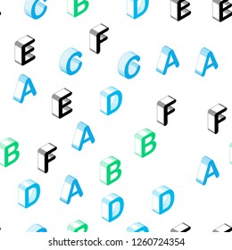 Light Blue, Green vector seamless background with 3D signs of alphabet. Shining colorful 3D illustration with isolated letters. Pattern for design of fabric, wallpapers.