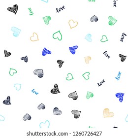 Light Blue, Green vector seamless template with text LOVE YOU, hearts. Illustration with words of love, hearts in abstract style. Texture for window blinds, curtains.