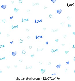 Light Blue, Green vector seamless background with words of love, hearts. Illustration with words of love, hearts in abstract style. Texture for window blinds, curtains.