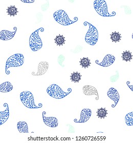 Light Blue, Green vector seamless doodle texture with leaves and flowers. Decorative design in Indian style on white background. Design for textile, fabric, wallpapers.