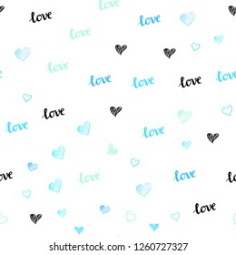 Light Blue, Green vector seamless template with text LOVE YOU, hearts. Design in doodle style with text LOVE YOU, hearts. Texture for window blinds, curtains.