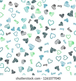 Light Blue, Green vector seamless pattern with phrase LOVE YOU, hearts. Design in doodle style with text LOVE YOU, hearts. Design for wallpaper, fabric makers.