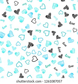 Light Blue, Green vector seamless background with words of love, hearts. Design in doodle style with text LOVE YOU, hearts. Design for wallpaper, fabric makers.