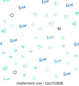 Light Blue, Green vector seamless cover with quote LOVE YOU, hearts. Illustration with phrase LOVE YOU, hearts for valentine's day. Design for textile, fabric, wallpapers.