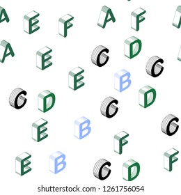 Light Blue, Green vector seamless pattern with 3D ABC symbols. Colorful 3D alphabet signs with gradient on white background. Texture for window blinds, curtains.