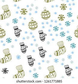 Light Blue, Green vector seamless template with ice snowflakes, balls, socks, mittens. Shining colorful illustration in christmas style. Texture for window blinds, curtains.