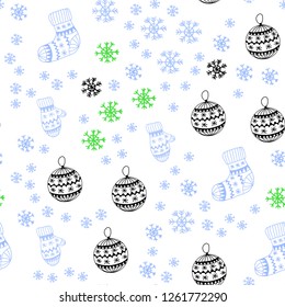 Light Blue, Green vector seamless template with ice snowflakes, balls, socks, mittens. Modern geometric abstract illustration. Texture for window blinds, curtains.