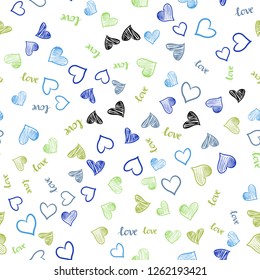 Light Blue, Green vector seamless texture with words LOVE YOU, hearts. Colorful illustration with quote LOVE YOU, hearts. Template for business cards, websites.