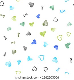 Light Blue, Green vector seamless pattern with phrase LOVE YOU, hearts. Illustration with phrase LOVE YOU, hearts for valentine's day. Template for business cards, websites.