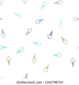 Light Blue, Green vector seamless template with tasty ice-cream. Decorative design of ice-cream cones in doodle style. Pattern for ad, booklets, leaflets of restaurants.
