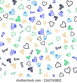 Light Blue, Green vector seamless pattern with phrase LOVE YOU, hearts. Romantic illustration with colorful phrase LOVE YOU, hearts. Design for wallpaper, fabric makers.