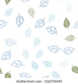 Light Blue, Green vector seamless natural background with leaves. Glitter abstract illustration with doodles and leaves. Pattern for design of fabric, wallpapers.