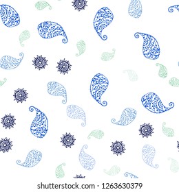 Light Blue, Green vector seamless elegant template with leaves and flowers. Sketchy doodles on white background. Template for business cards, websites.