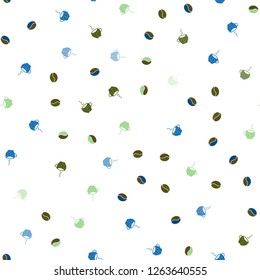 Light Blue, Green vector seamless background with coffee, beans. Gradient illustration with set of mugs, beans. Template of a black hot beverage in a cafe.