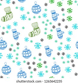 Light Blue, Green vector seamless background with xmas snowflakes, balls, socks, mittens. Modern geometric abstract illustration. Template for business cards, websites.