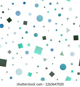 Light Blue, Green vector seamless texture in poly style with circles, cubes. Circles, lines, rhombus with colorful gradient. Design for textile, fabric, wallpapers.