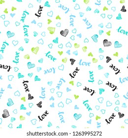 Light Blue, Green vector seamless template with text LOVE YOU, hearts. Design in doodle style with text LOVE YOU, hearts. Design for wallpaper, fabric makers.