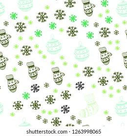 Light Blue, Green vector seamless layout with bright snowflakes, balls, socks, mittens. Shining colorful illustration in christmas style. Pattern for design of fabric, wallpapers.