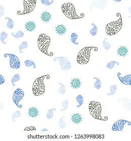Light Blue, Green vector seamless doodle background with leaves and flowers. Sketchy doodles on white background. Pattern for design of fabric, wallpapers.