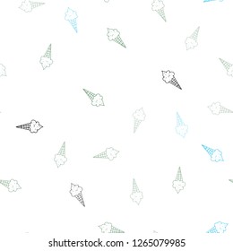 Light Blue, Green vector seamless cover with sundae ice-cream. Illustration with set of delicious sweet ice-cream cones. Template of a black hot beverage in a cafe.
