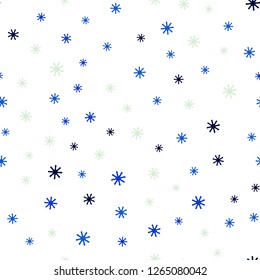 Light Blue, Green vector seamless cover with beautiful snowflakes. Colorful decorative design in xmas style with snow. Texture for window blinds, curtains.
