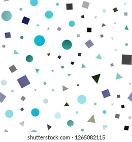 Light Blue, Green vector seamless texture in poly style with circles, cubes. Glitter abstract illustration with spheres, squares, lines. Pattern for design of fabric, wallpapers.