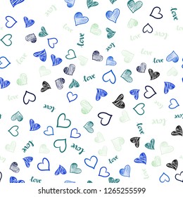 Light Blue, Green vector seamless pattern with phrase LOVE YOU, hearts. Illustration with words of love, hearts in abstract style. Design for textile, fabric, wallpapers.