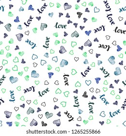 Light Blue, Green vector seamless cover with quote LOVE YOU, hearts. Illustration with words of love, hearts in abstract style. Pattern for trendy fabric, wallpapers.