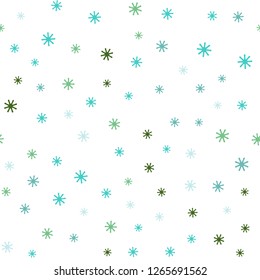 Light Blue, Green vector seamless cover with beautiful snowflakes. Colorful decorative design in xmas style with snow. Texture for window blinds, curtains.