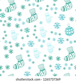 Light Blue, Green vector seamless background with xmas snowflakes, balls, socks, mittens. Modern geometric abstract illustration. Design for wallpaper, fabric makers.