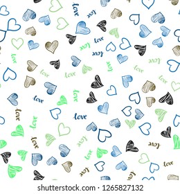 Light Blue, Green vector seamless template with text LOVE YOU, hearts. Romantic illustration with colorful phrase LOVE YOU, hearts. Design for wallpaper, fabric makers.