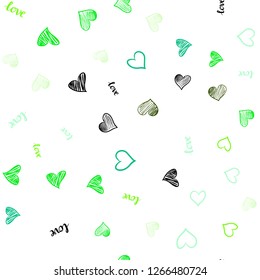 Light Blue, Green vector seamless backdrop with phrase LOVE YOU, hearts. Design in doodle style with text LOVE YOU, hearts. Design for textile, fabric, wallpapers.